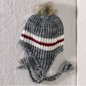 5/$25 Denver Hayes Grey Red White Knit Lined Toque Beanie Winter Hat W Ear Flaps